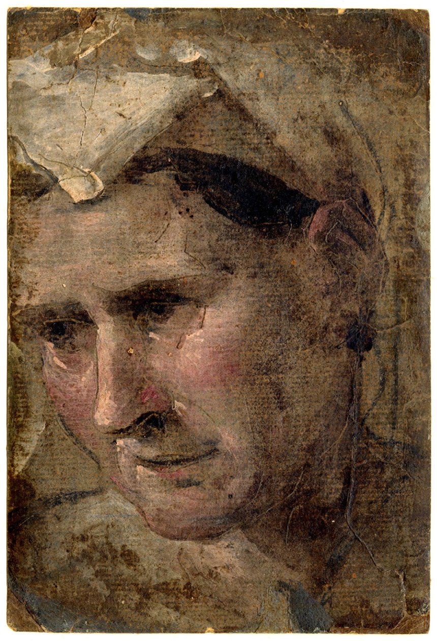 Kopf einer alten Frau, die nach links schaut, Öl auf Papier von Domenico Beccafumi