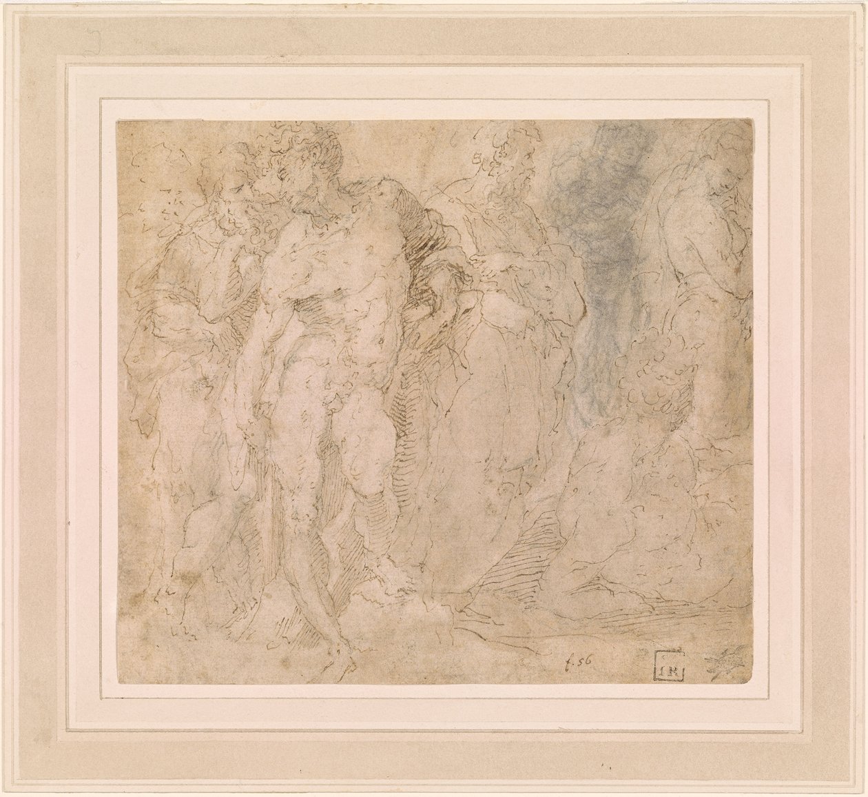 Beccafumi - Stehender männlicher Akt in einer Gruppe von Figuren, eine davon liegend, ca. 1530-1540 von Domenico Beccafumi