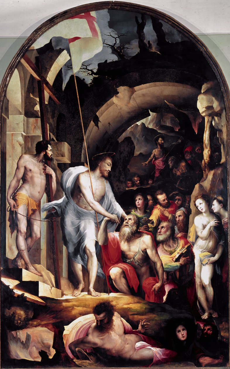 Der Abstieg Christi in die Vorhölle. Er hält ein weißes Banner mit einem roten Kreuz, ein Symbol der Auferstehung von Domenico Beccafumi