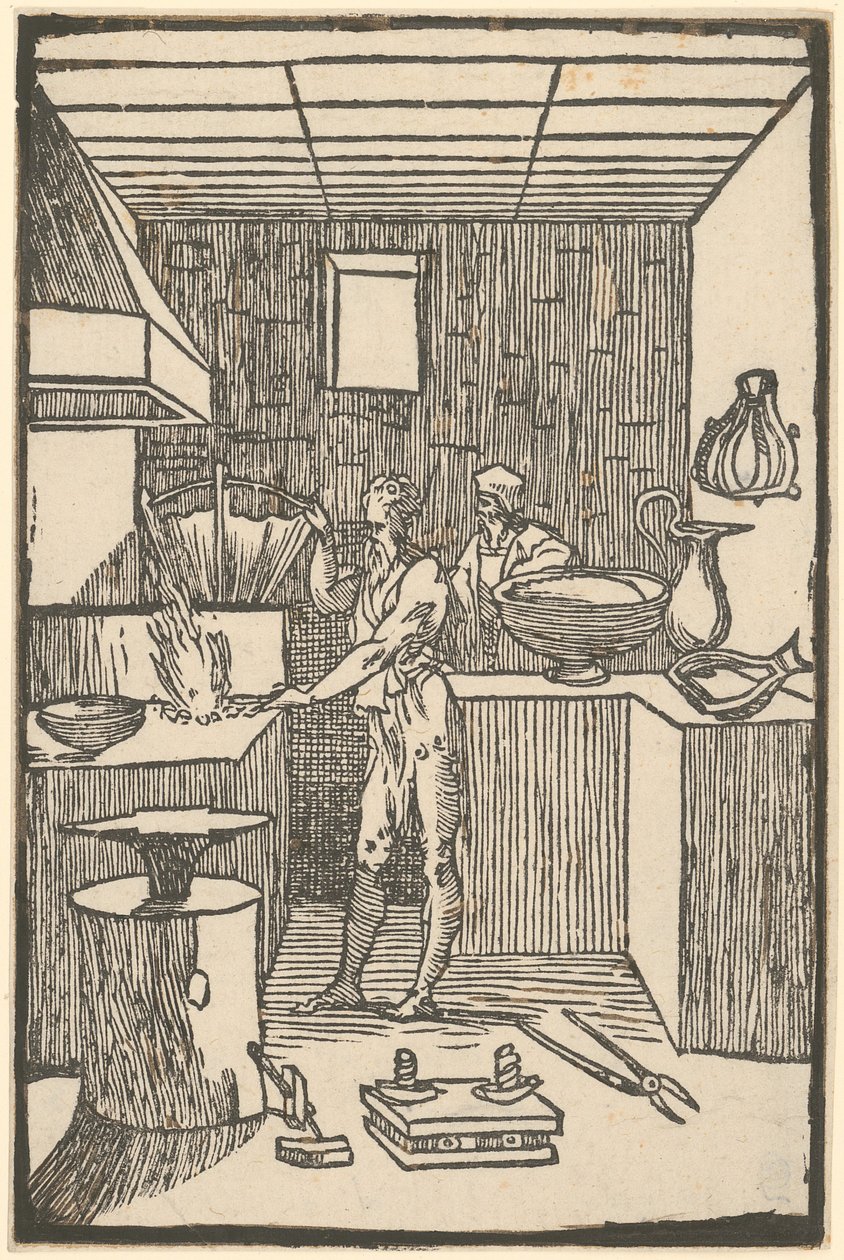 Vulkan an der Esse bei der Herstellung kleiner Geräte, Blatt 8 der Folge "De la Pirotechnia" von Domenico Beccafumi