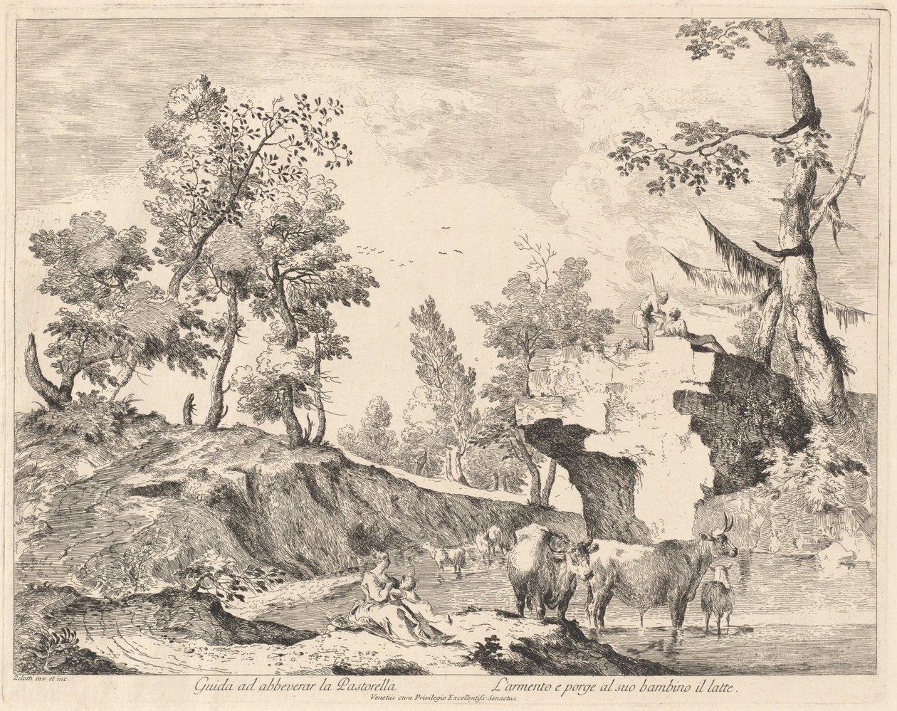 Landschaft mit Schäferin und Herde an einer Tränke von Domenico Bernardo Zilotti