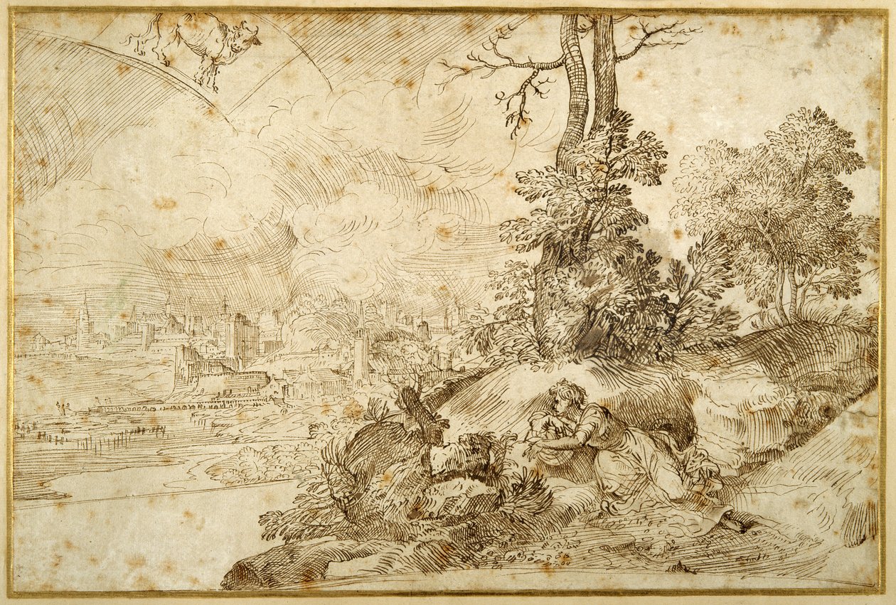 Landschaft mit Astrologie von Domenico Campagnola