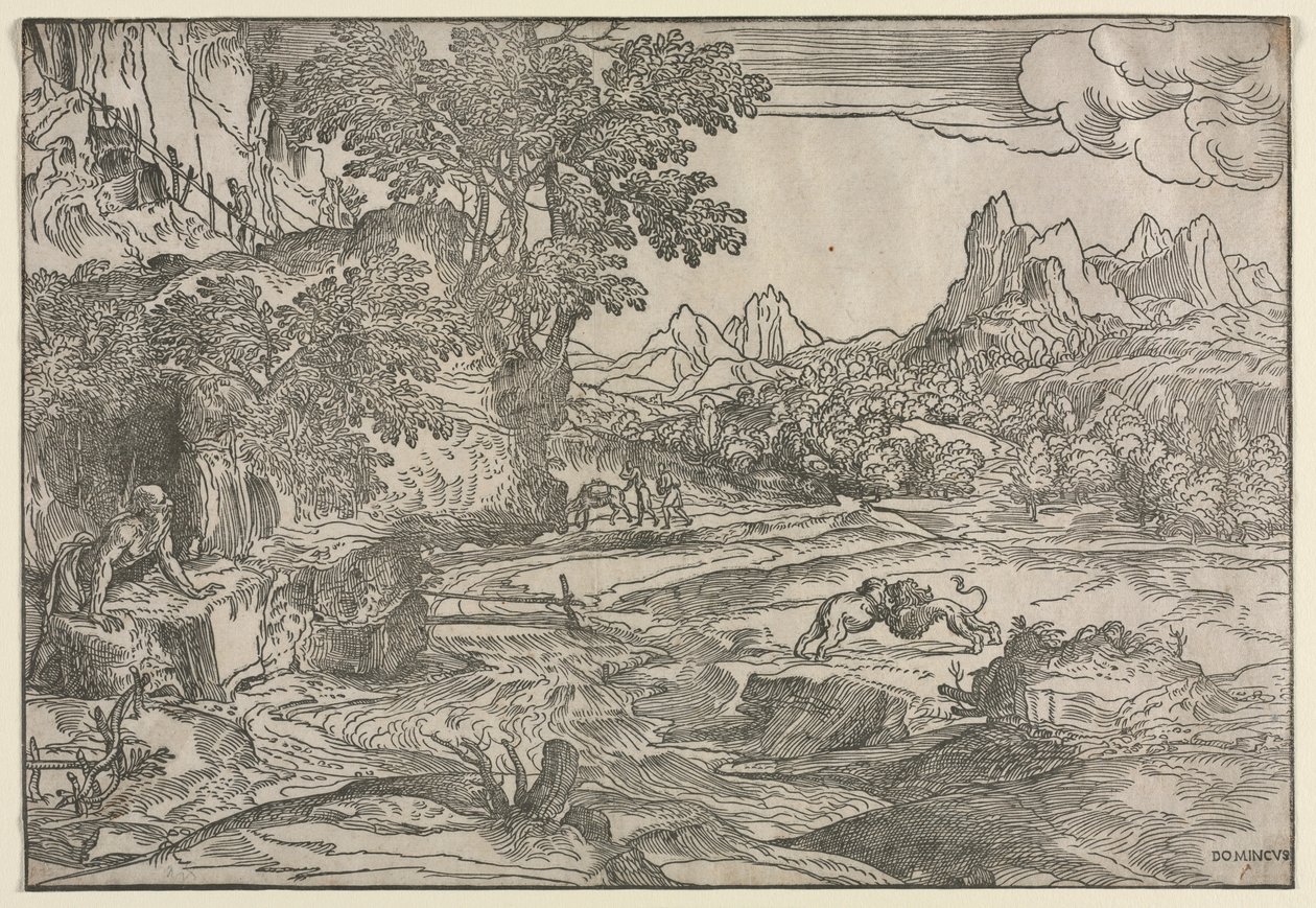 Landschaft mit dem heiligen Hieronymus und zwei Löwen, ca. 1530-35 von Domenico Campagnola