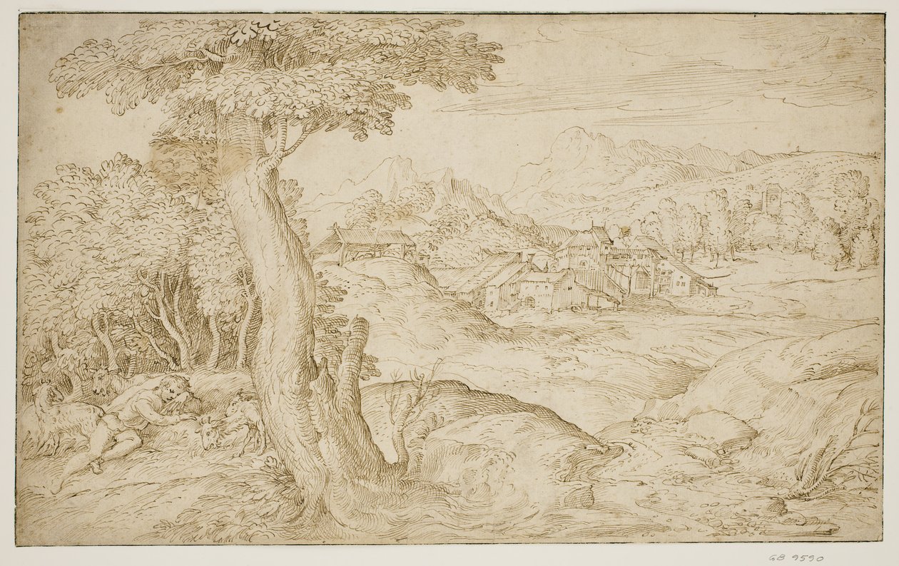 Landschaft mit einer Stadt und einem schlafenden Hirten von Domenico Campagnola