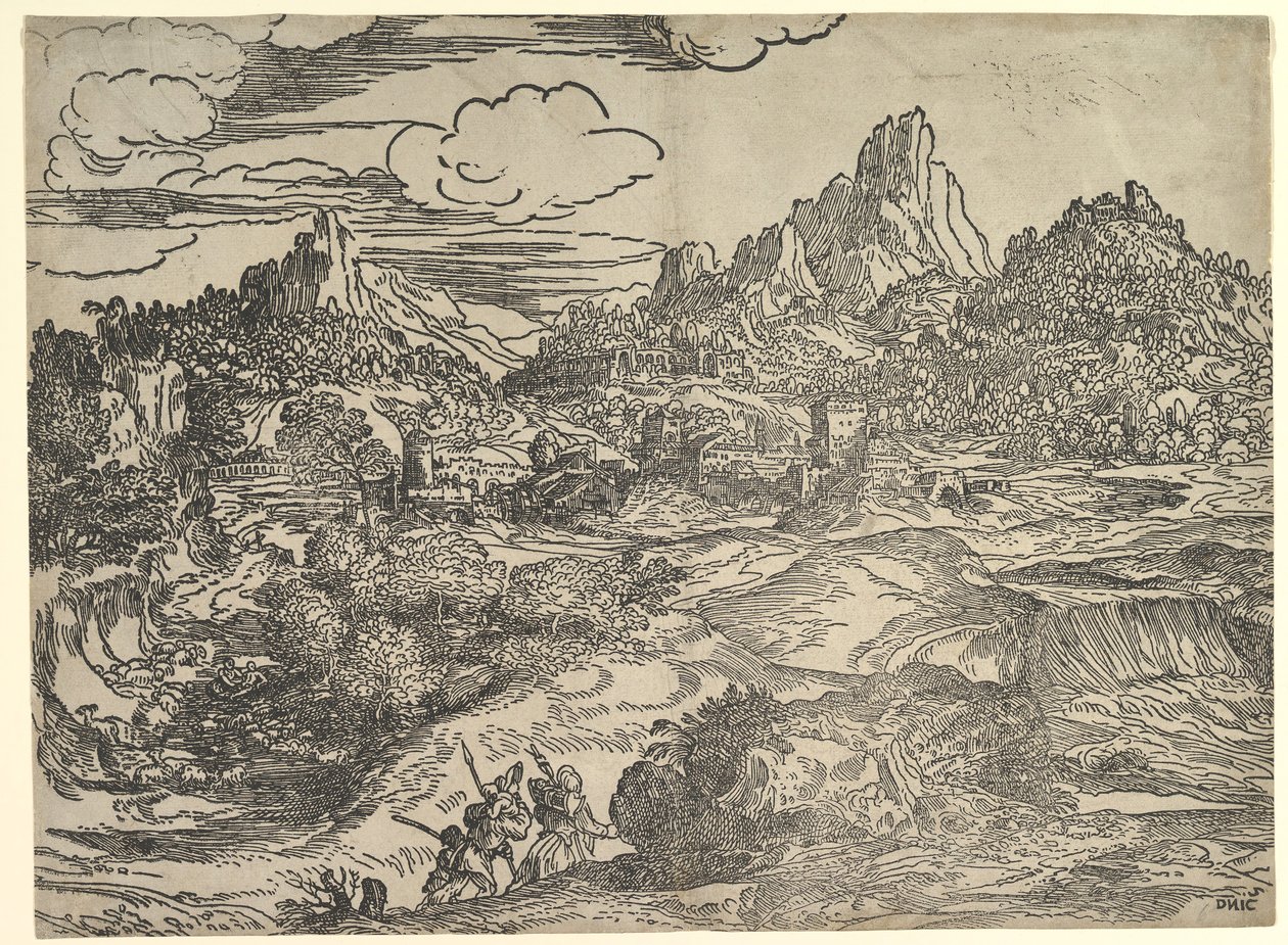 Landschaft mit Familie, die im Vordergrund spazieren geht, links zwei Figuren, ca. 1535-40 von Domenico Campagnola