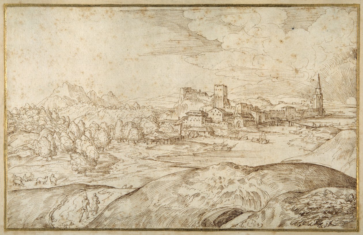 Gebirgige Landschaft mit einem Fluss und einer befestigten Stadt mit einem Turm mit Spitze von Domenico Campagnola