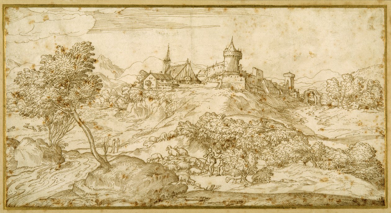 Gebirgige Landschaft mit einer ummauerten Hügelstadt: ein Hirte wird angesprochen, während er seine Herde hütet von Domenico Campagnola