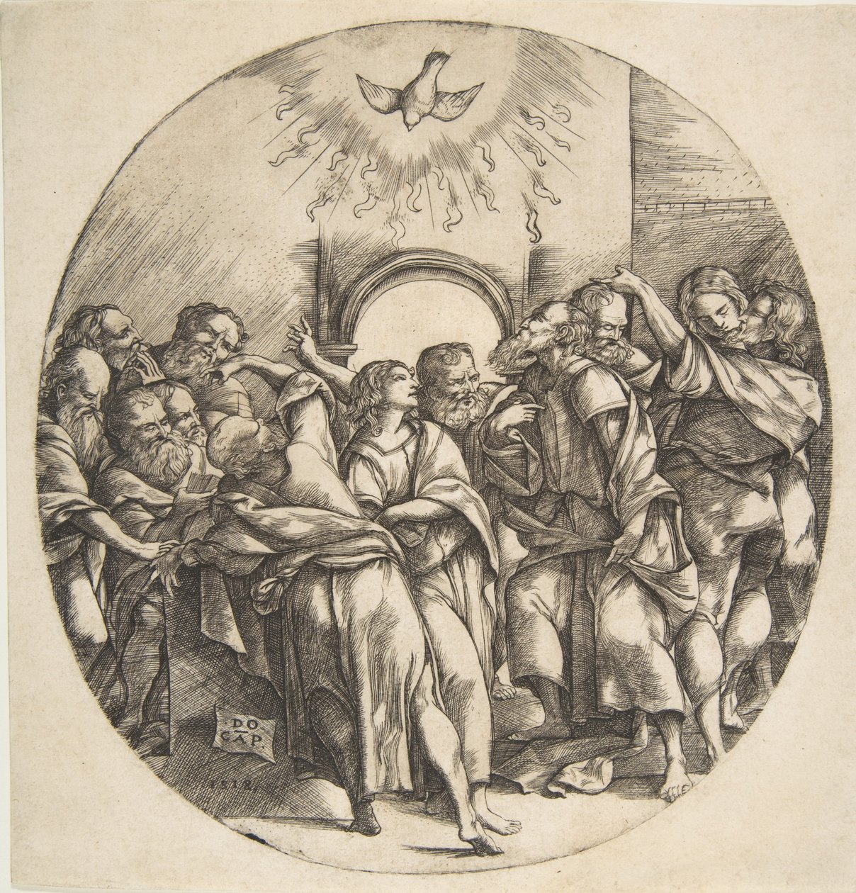 Der Heilige Geist als Vogel, der mit ausgebreiteten Flügeln herabsteigt, die zwölf Apostel ..., 1518 von Domenico Campagnola