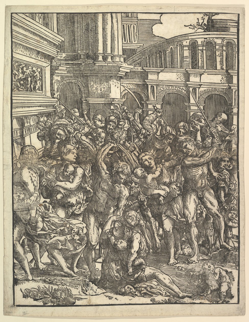 Das Massaker der Unschuldigen, rechte Seite mit einer Gruppe männlicher Figuren, die Frauen angreifen, 1517 von Domenico Campagnola