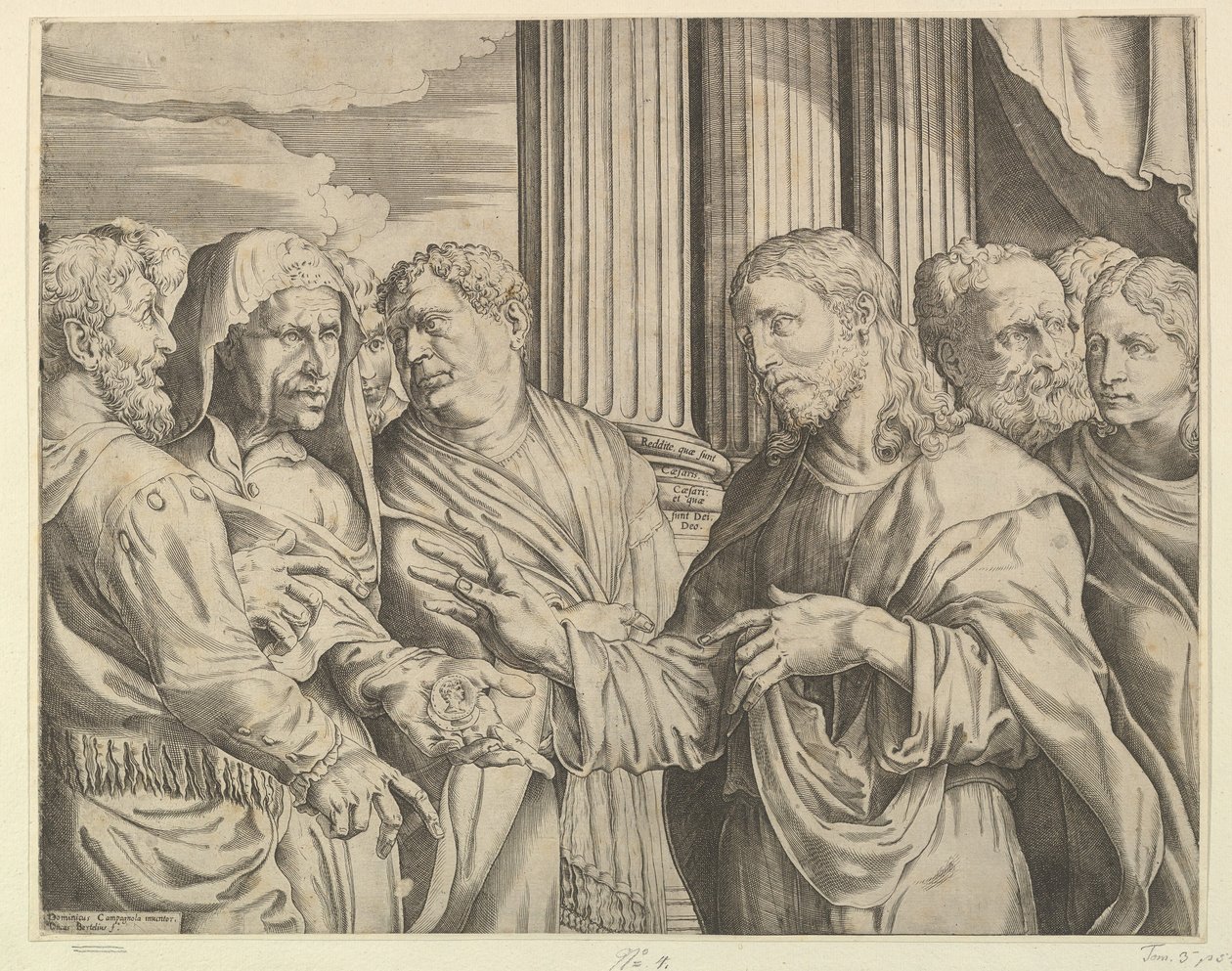 Das Tributgeld: Christus in der Mitte rechts, der einem Mann zu seiner Linken mit Münzen gestikuliert, ca. 1564-89 von Domenico Campagnola