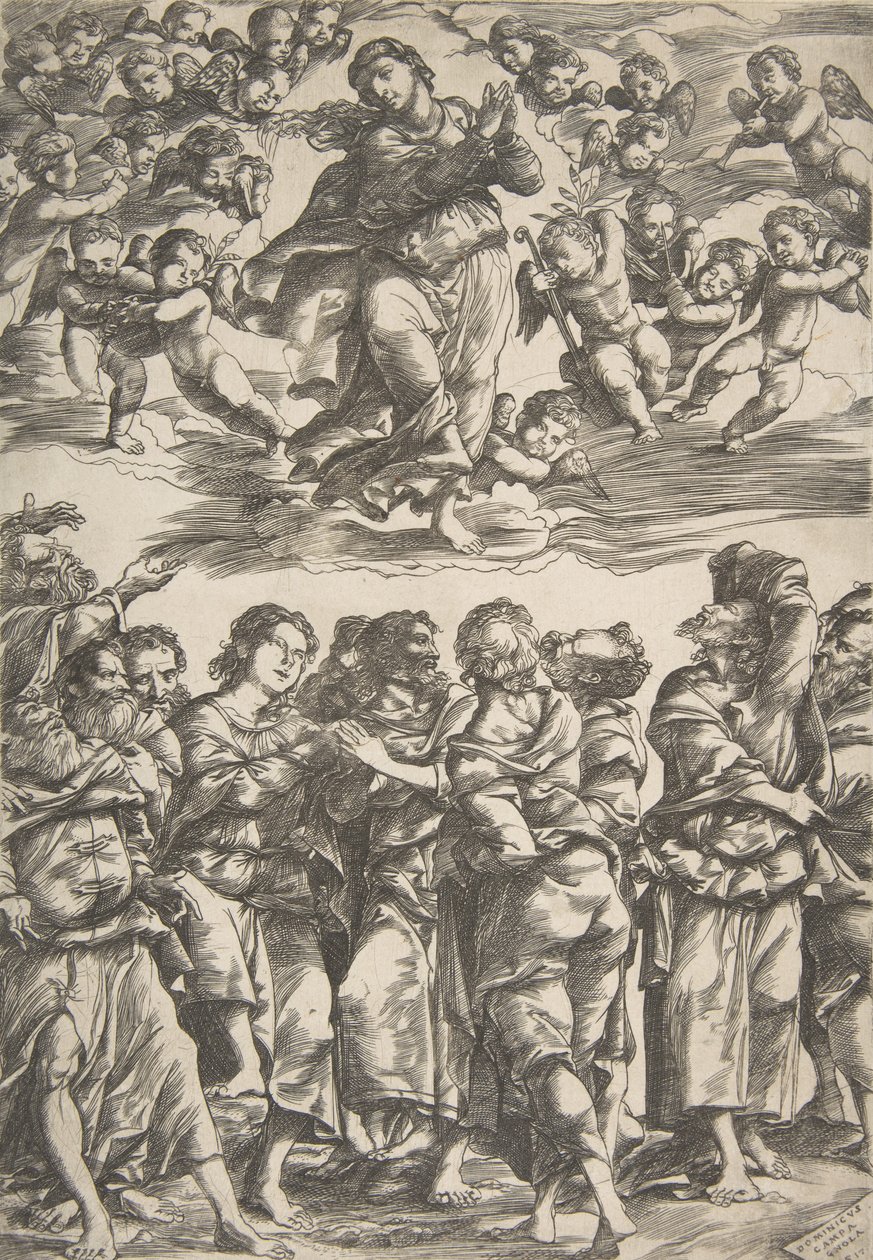 Die Jungfrau oben in der Mitte in Wolken mit gefalteten Händen und erhobenem rechten Fuß, umgeben von... von Domenico Campagnola