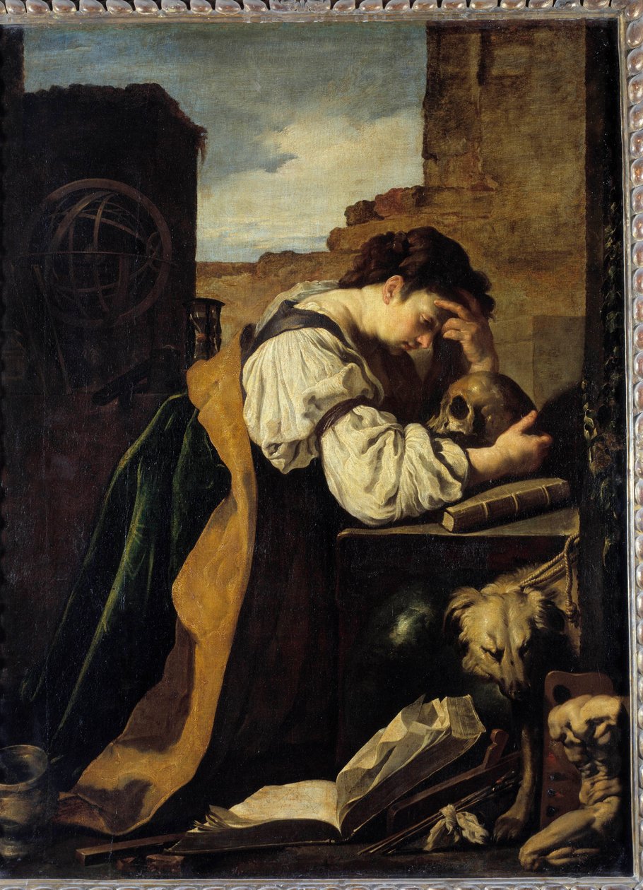 Melancholie: Eine traurige junge Frau beugt sich über einen Totenschädel, eine Armillarsphäre hinter ihr von Domenico Feti