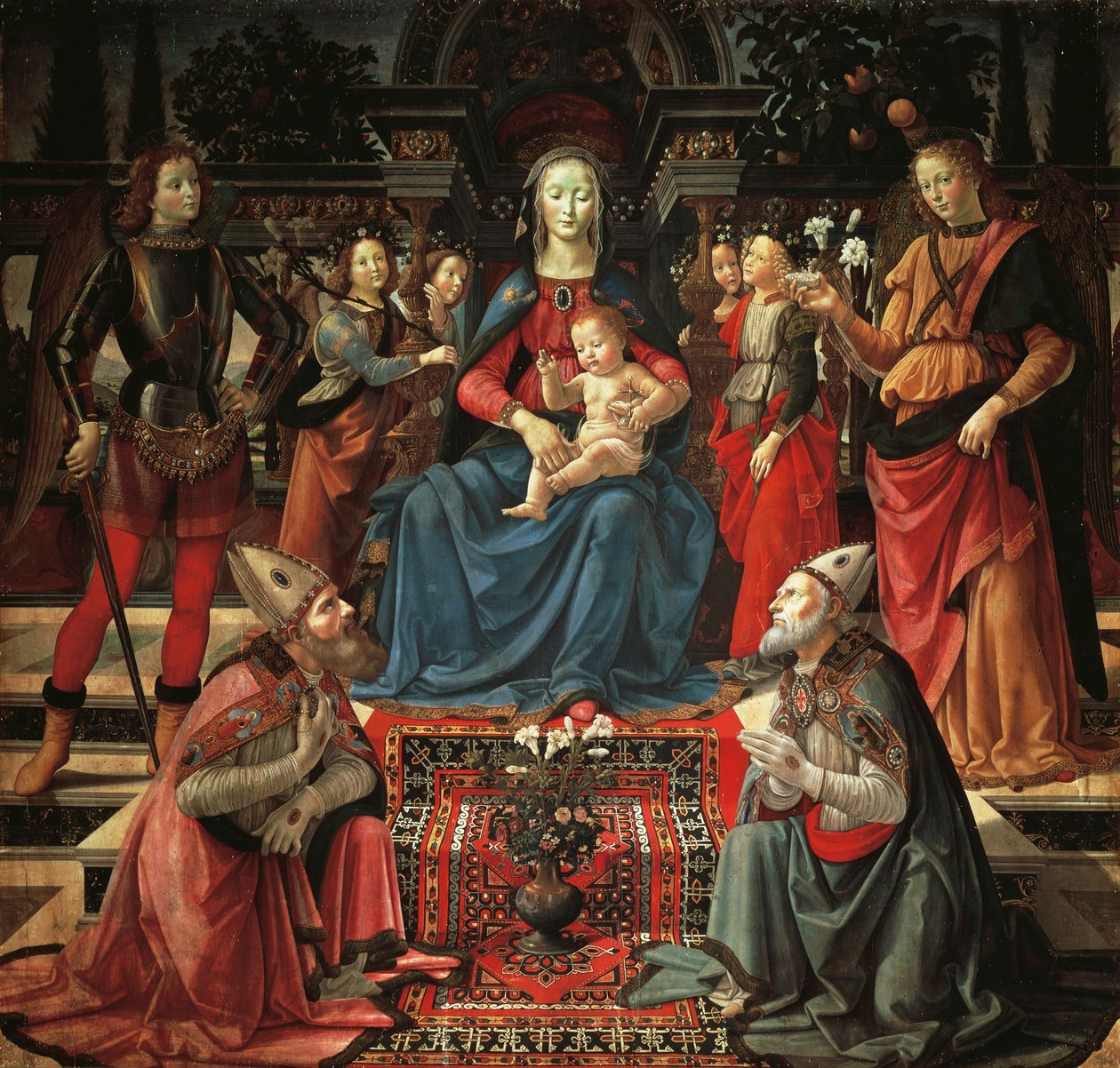 Madonna mit Kind auf dem Thron, St. Zenobius, St. Just, St. Michael der Erzengel und St. Raphael der Erzengel von Domenico Ghirlandaio