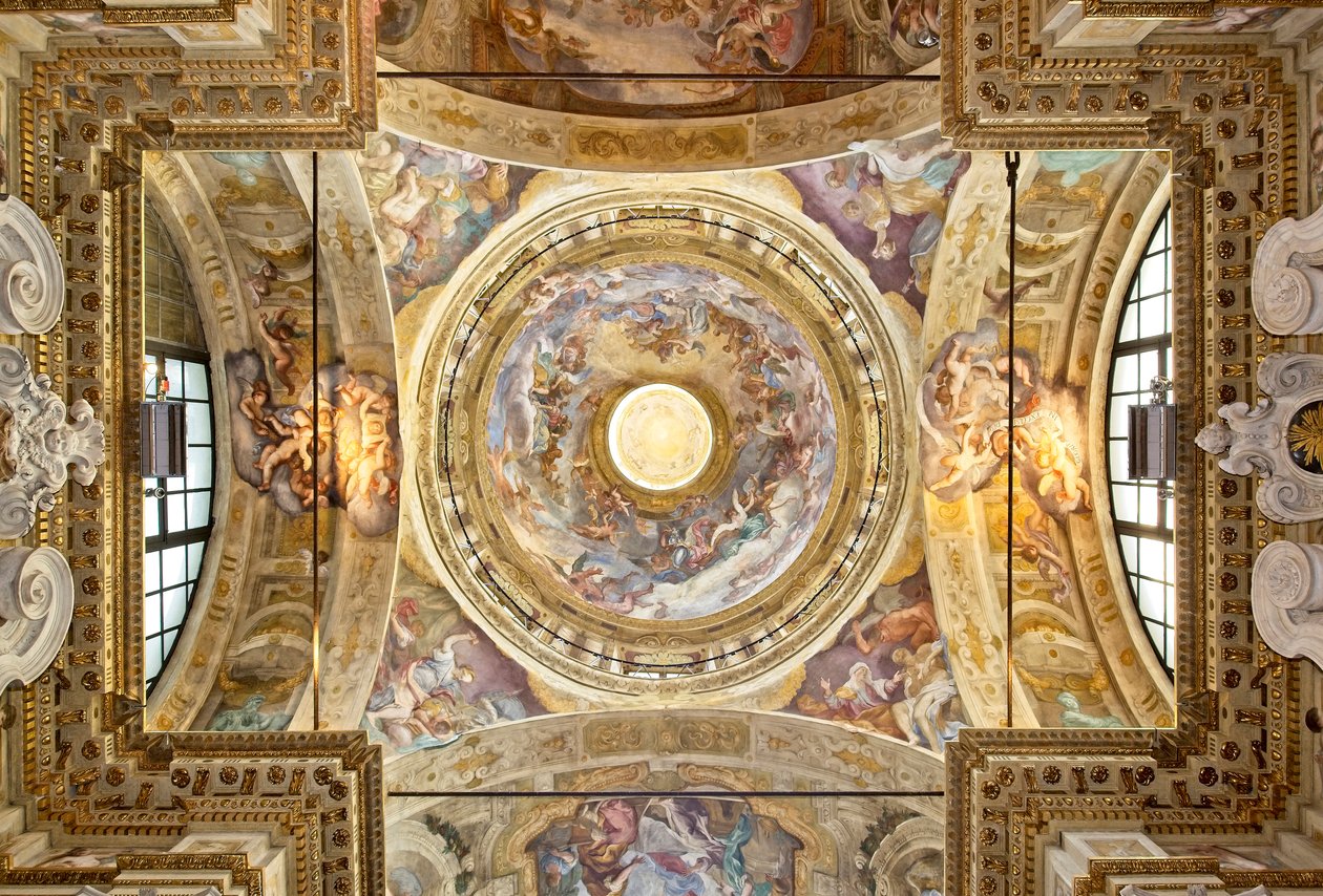 Die Kuppel mit der Darstellung der Krönung der Jungfrau, (Detail), Ende des 17. Jahrhunderts von Domenico I Piola
