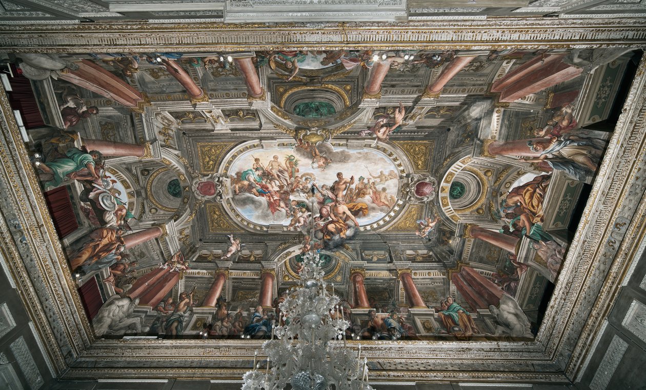 Das Angebot an Jupiter der Schlüssel des Tempels von Janus (oder Allegorie des Friedens), Decke des edlen Stockwerks (ca. 1665) (Fresko) von Domenico I Piola