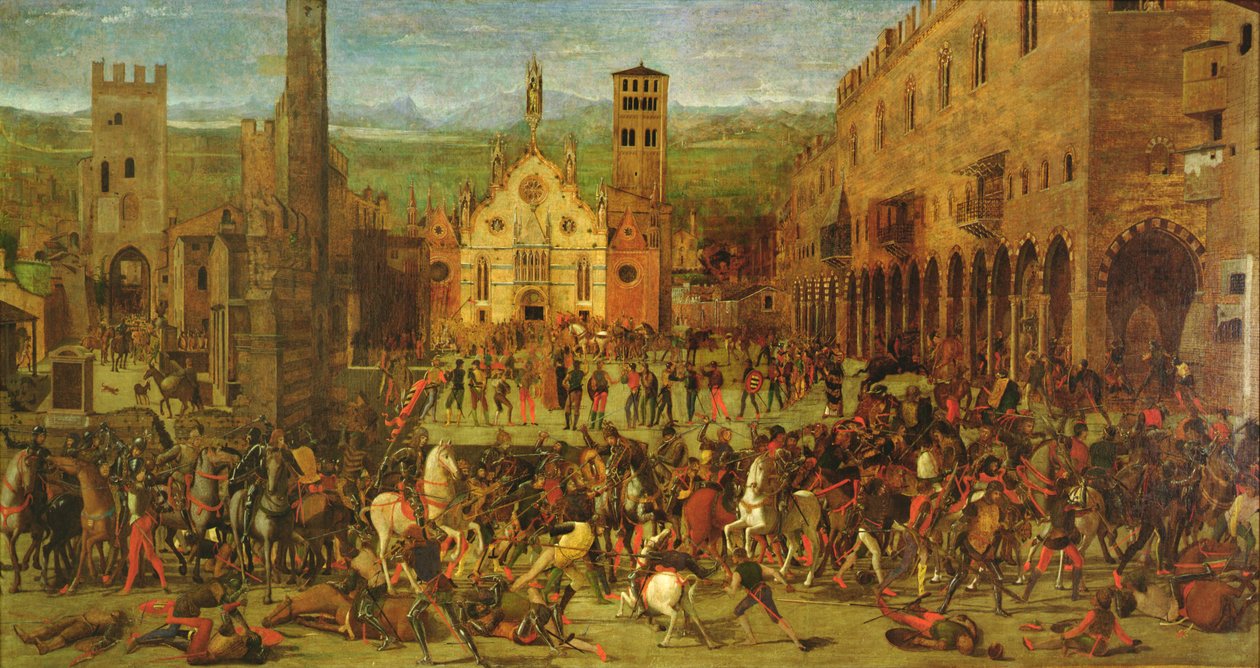 Vertreibung der Bonacolsi durch Louis Gonzaga im Jahr 1328, auf der Piazza Sordello, Mantua von Domenico Morone
