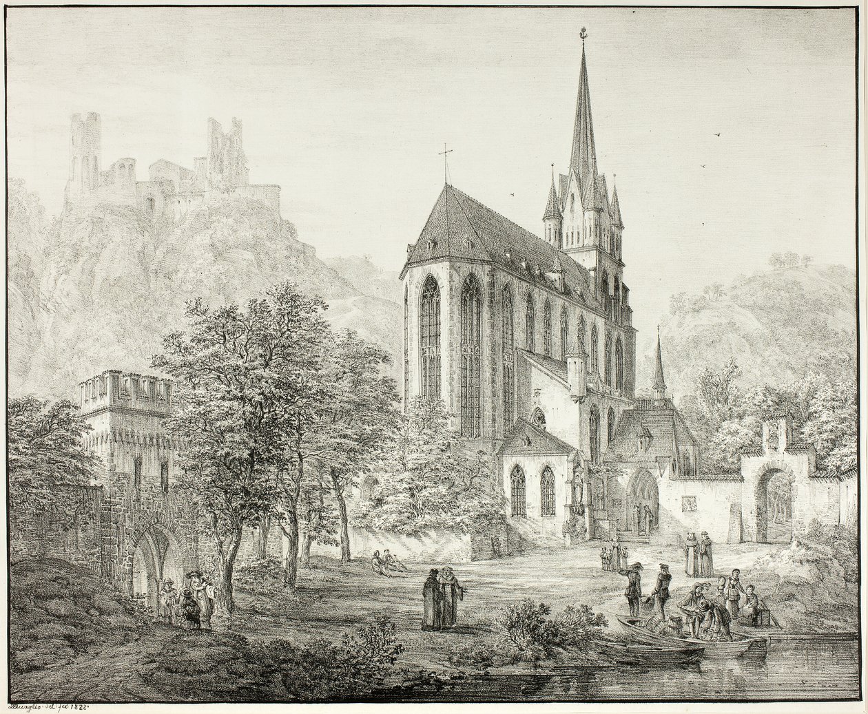 Stiftskirche Unserer Lieben Frau, mit Schloss Schönberg in Oberwesel am Rhein von Domenico Quaglio