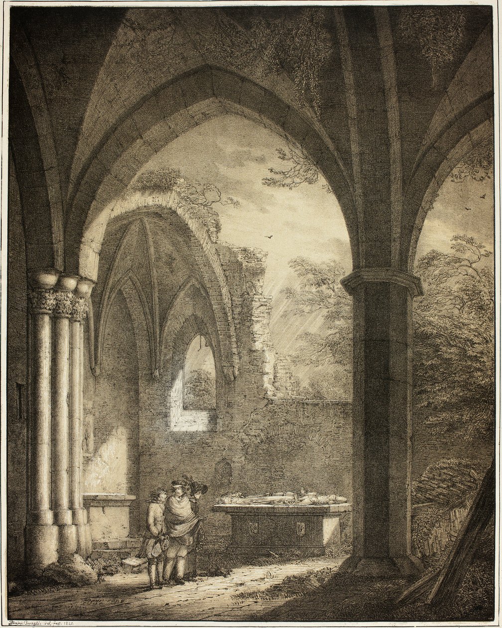 Ruine der Kirche Unserer Lieben Frau mit den Grabsteinen von Genevieve und dem Pfalzgrafen Siegfried im Moseltal bei Andernach, aus der Sammlung denkwürdiger mittelalterlicher Gebäude in Deutschland von Domenico Quaglio