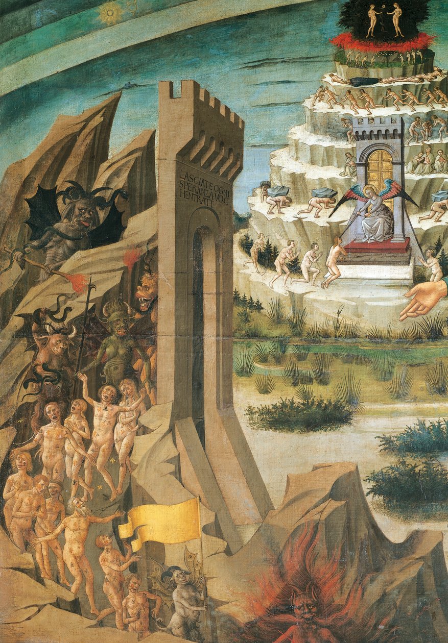 Figuren der Verdammten, Detail (aus der Göttlichen Komödie), Fresko von Domenico di Michelino, Kathedrale Santa Maria del Fiore, Florenz, Italien von Domenico di Michelino