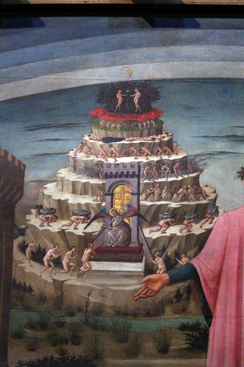 Die Göttliche Komödie von Dante Alighieri mit Florenz und den Reichen der Göttlichen Komödie (Hölle, Fegefeuer, Paradies) von Domenico di Michelino