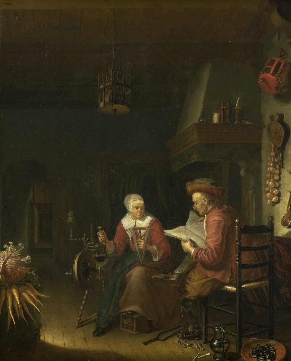 Innenraum mit einem lesenden Mann und einer Garn spinnenden Frau von Domenicus van Tol