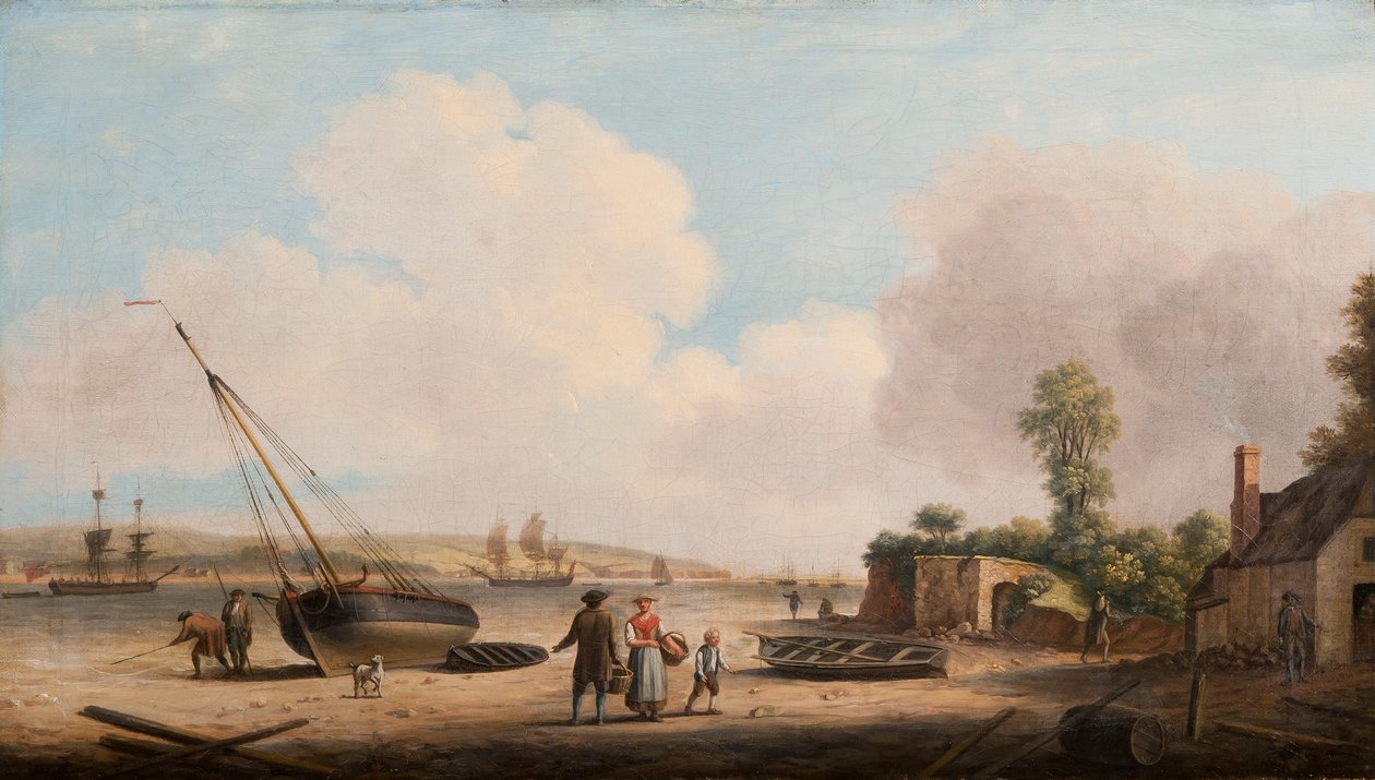 Ansicht von Gravesend mit einem gestrandeten Fischerboot und Schiffen im Ästuar, 1770 von Dominic Serres