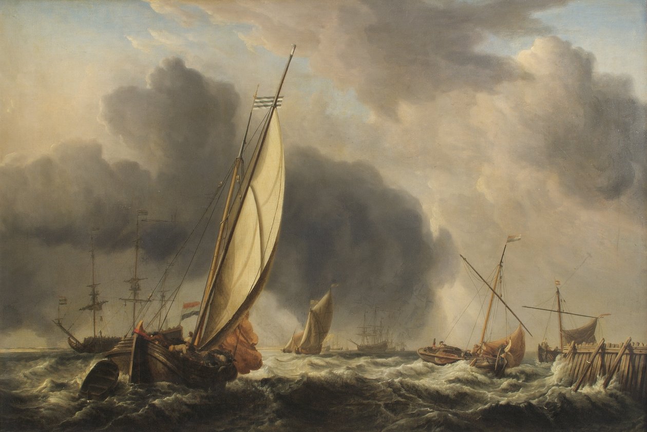 Fischerboote und Kriegsschiff in einer Brise an der Mündung eines Flusses, 1771 von Dominic Serres