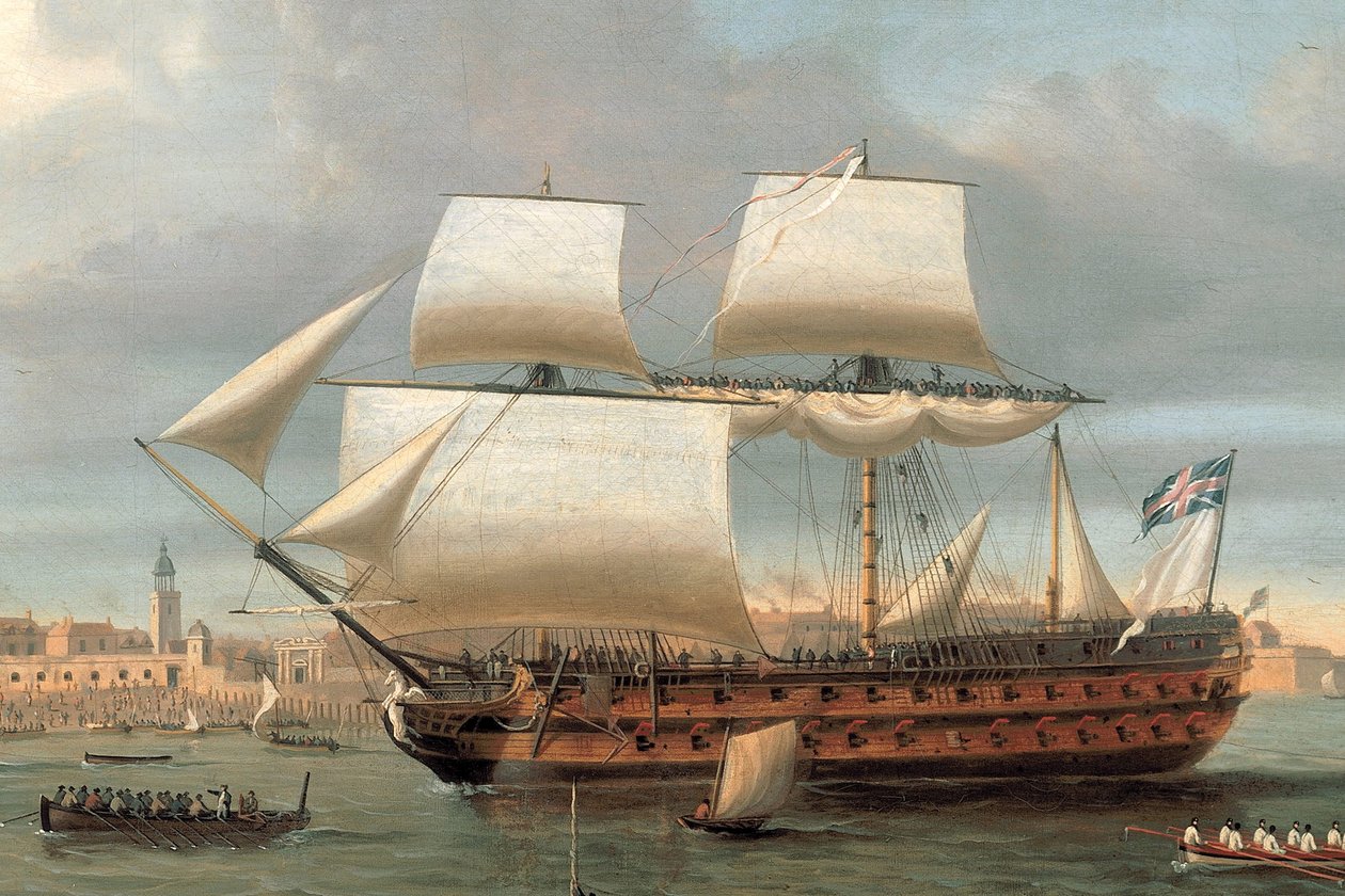 Foudroyant und Pégase betreten den Hafen von Portsmouth, 1782 von Dominic Serres