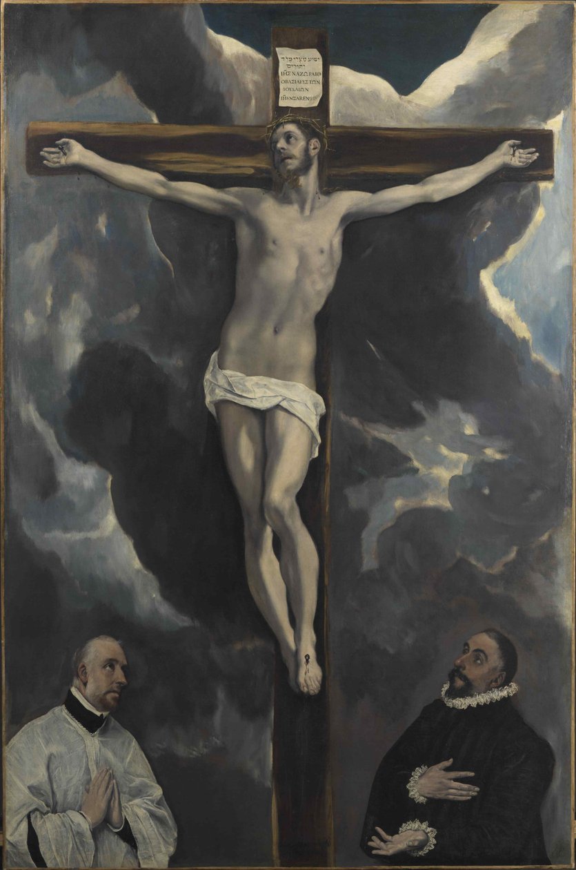 Christus am Kreuz, verehrt von zwei Stiftern, Ende des 16. Jahrhunderts von Dominico El Greco