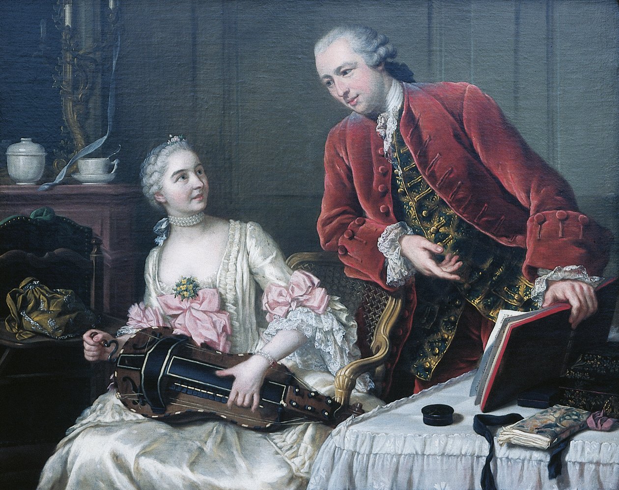 Porträt von Monsieur und Madame de Corcelles beim Musizieren in einem Innenraum von Donat Nonotte