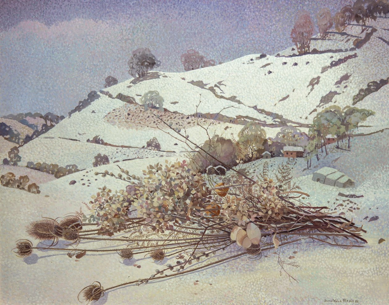 Verschneite Landschaft mit Stillleben aus getrockneten Blumen von Donatella Merlo