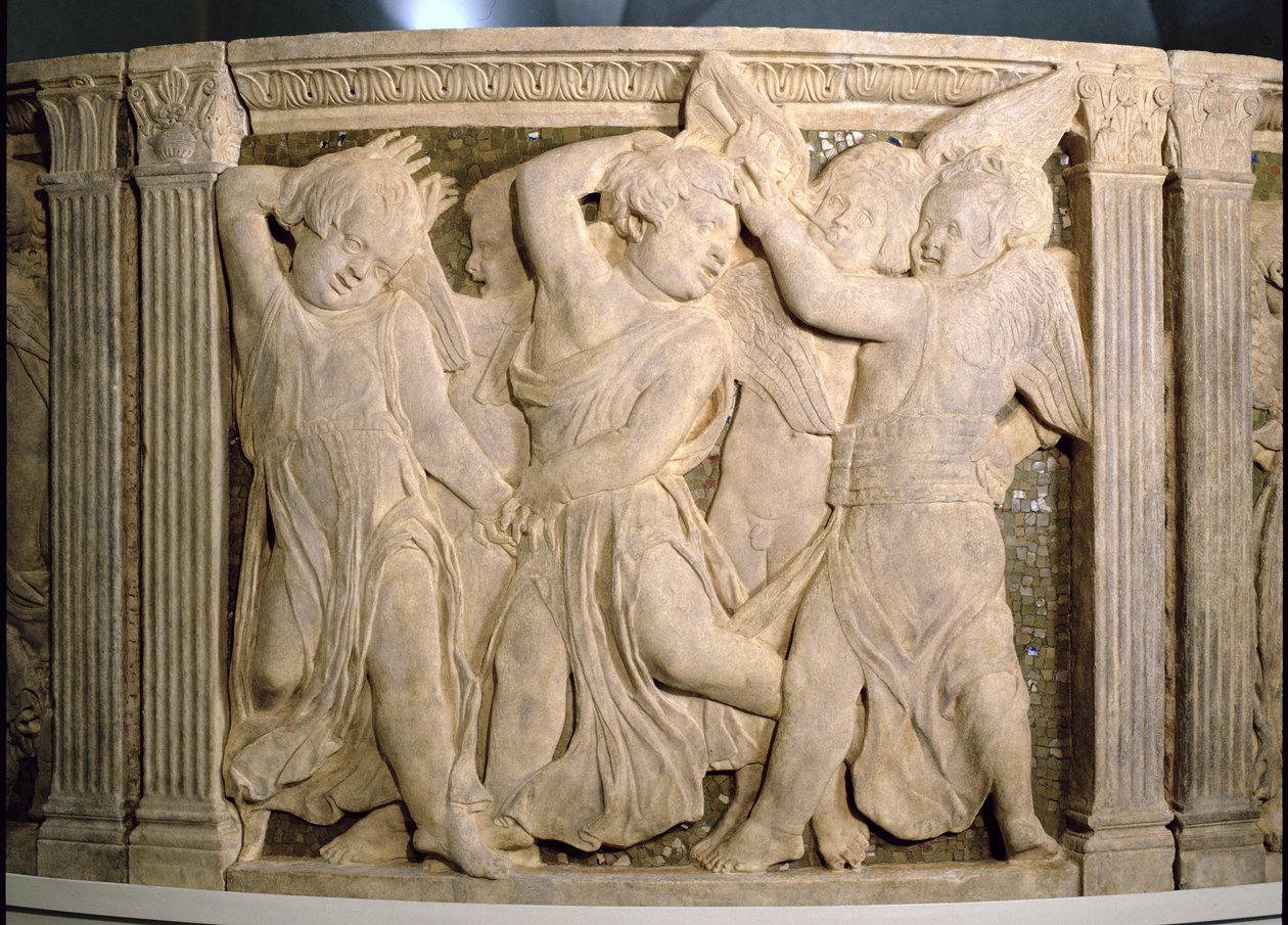 Post-restaurationspanel Nr. II vom äußeren Kanzel der Kathedrale von Prato, 1438 von Donatello