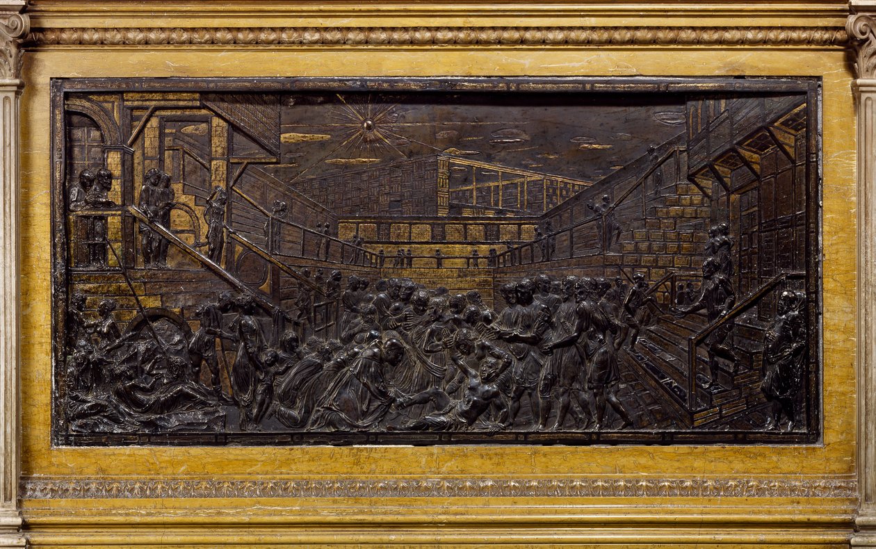 Relief, das zeigt, wie der Heilige Antonius den Fuß eines Jungen wieder anbringt von Donatello