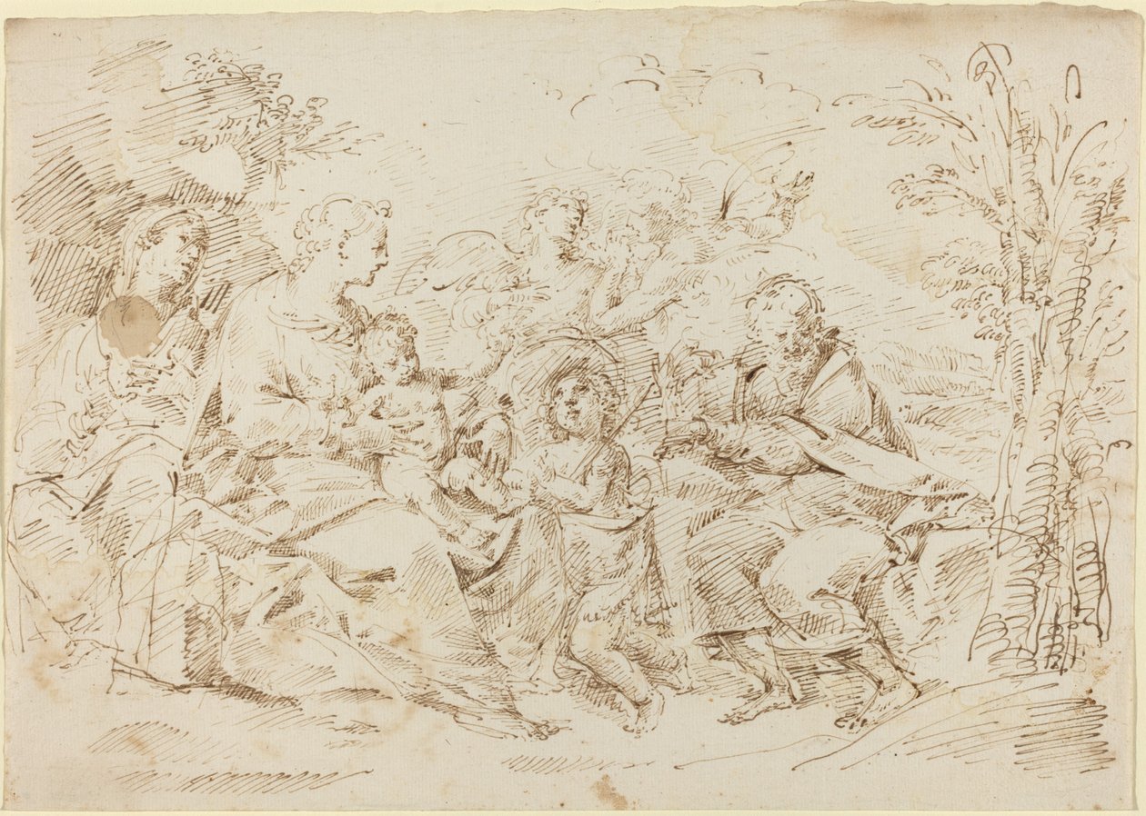 Heilige Familie mit St. Elisabeth, St. Johannes dem Täufer und zwei Engeln in einer Landschaft von Donato Creti
