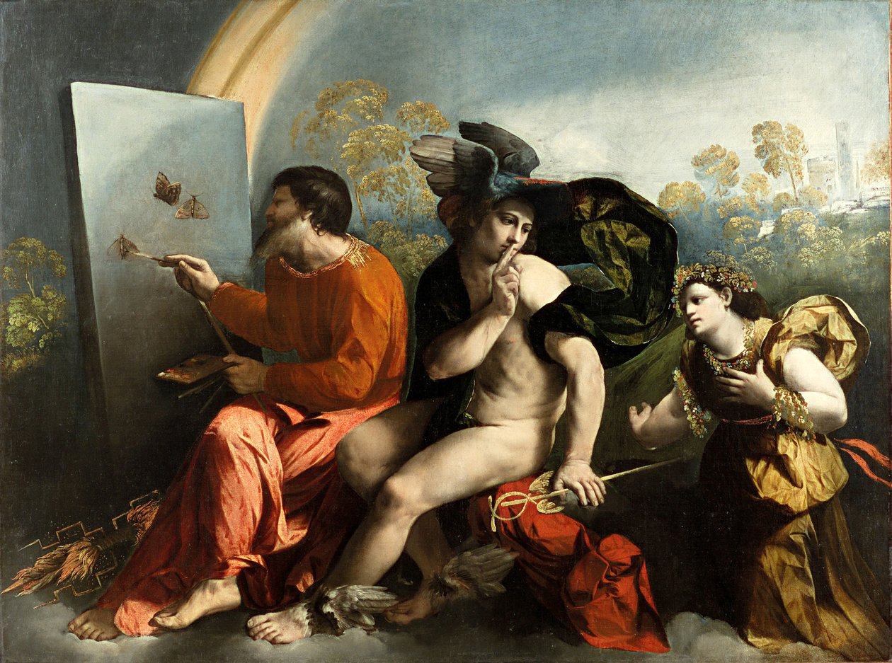 Jupiter, Merkur und die Tugend (Jupiter malt Schmetterlinge), ca. 1524 von Dosso Dossi