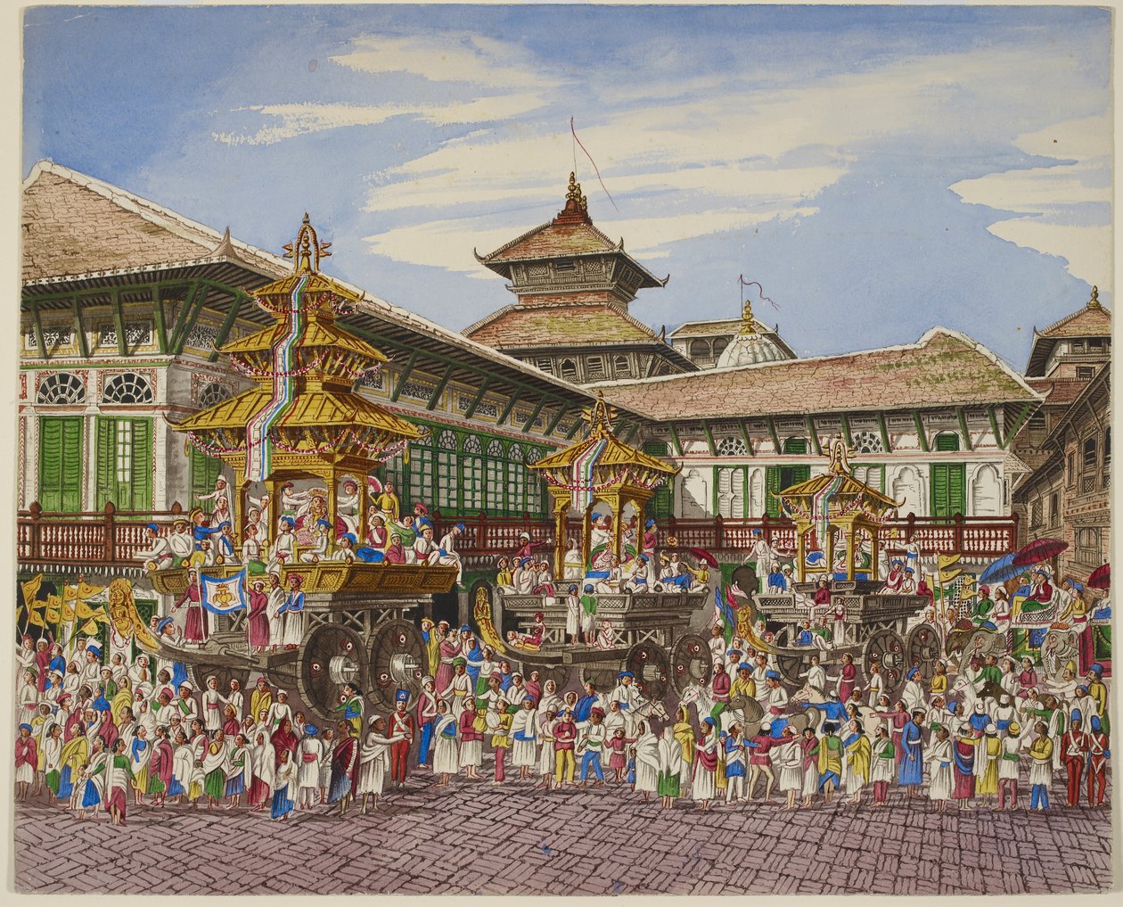 Die Kumari Jatra. Drei Tempelwagen vor dem Hanuman Dhoka, Kathmandu von Dr. Henry Ambrose Oldfield