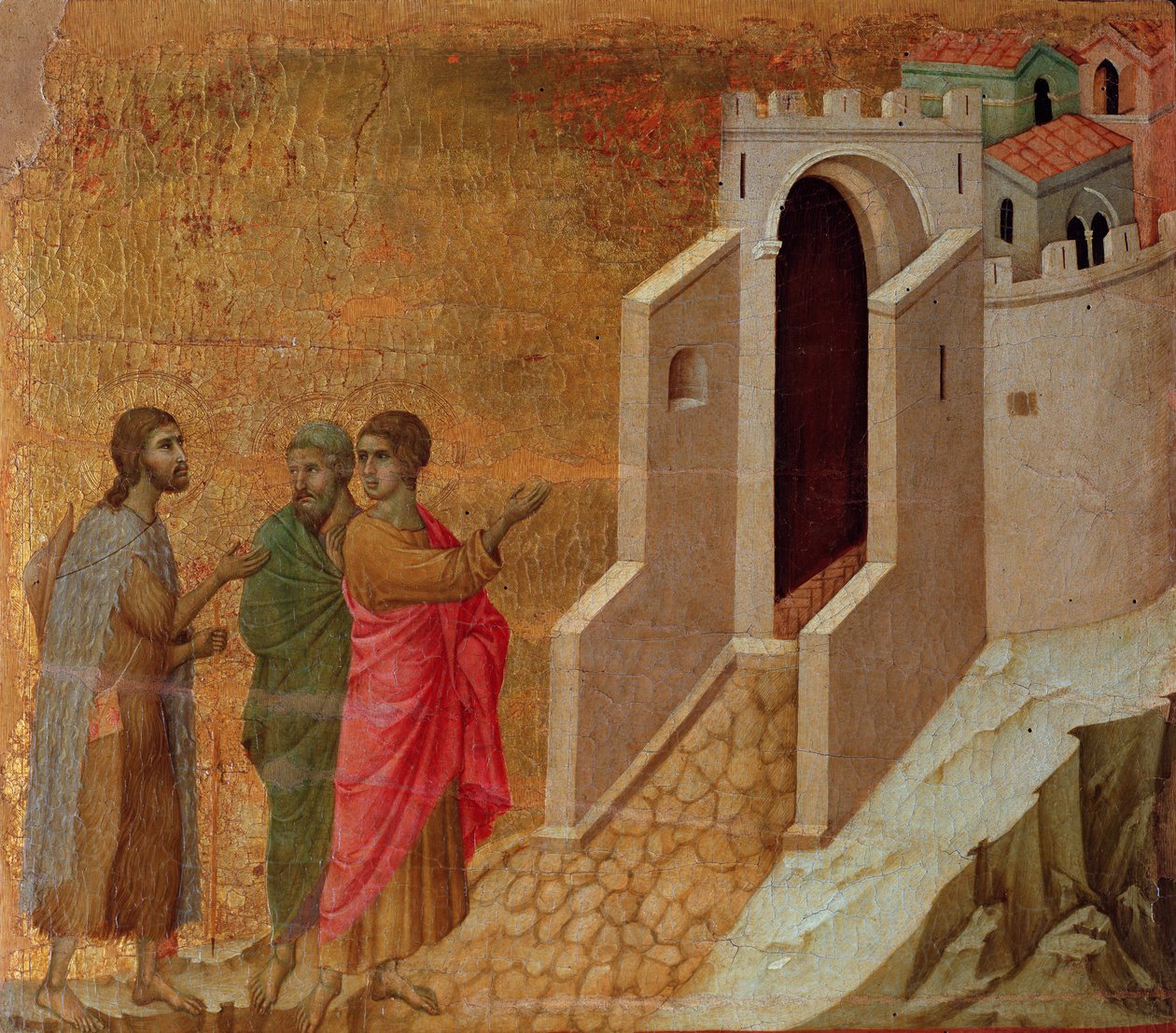 Christus und Pilger an den Toren der Stadt Emmaus von Duccio di Buoninsegna