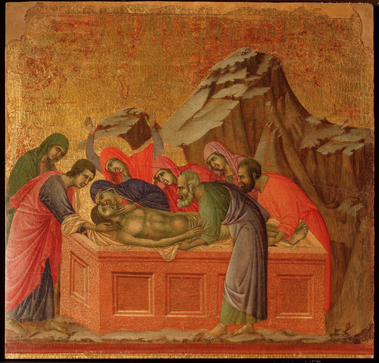 Passion: die Grablegung. Maestà-Altarbild (Tempera und Gold auf Holz) von Duccio di Buoninsegna