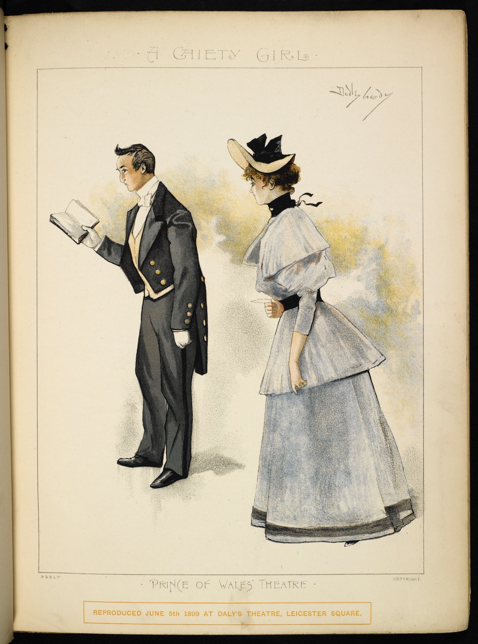 Zwei Figuren. Ein Mann liest ein Buch und eine Dame. von Dudley Hardy