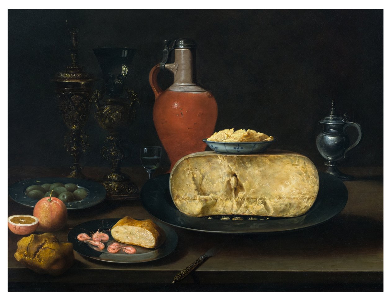 Stillleben mit Käse, Butter, Brot, Garnelen, Orangen, Oliven und Wein auf einem Tisch von Dutch School