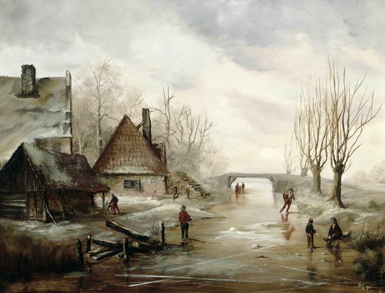 Winterlandschaft mit Schlittschuhläufern im Vordergrund von Dutch School