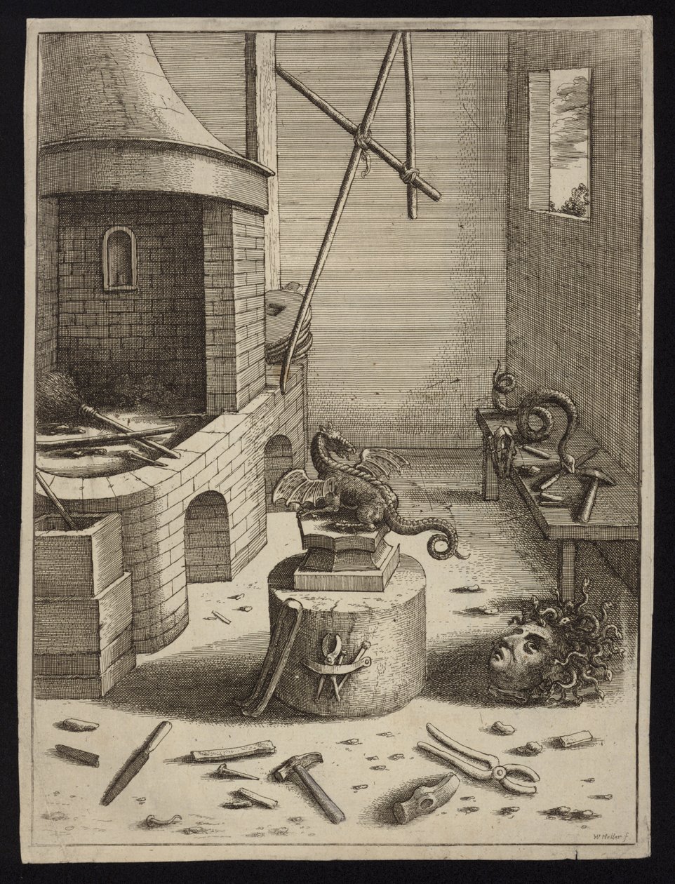 Bildhaueratelier mit dem abgeschlagenen Kopf der Medusa auf dem Boden (Gravur) von Dutch School