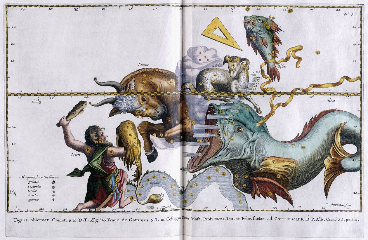 Himmelskarte der Sternbilder: Orion, Stier, Widder und Fische, 1666-1668 von Dutch School