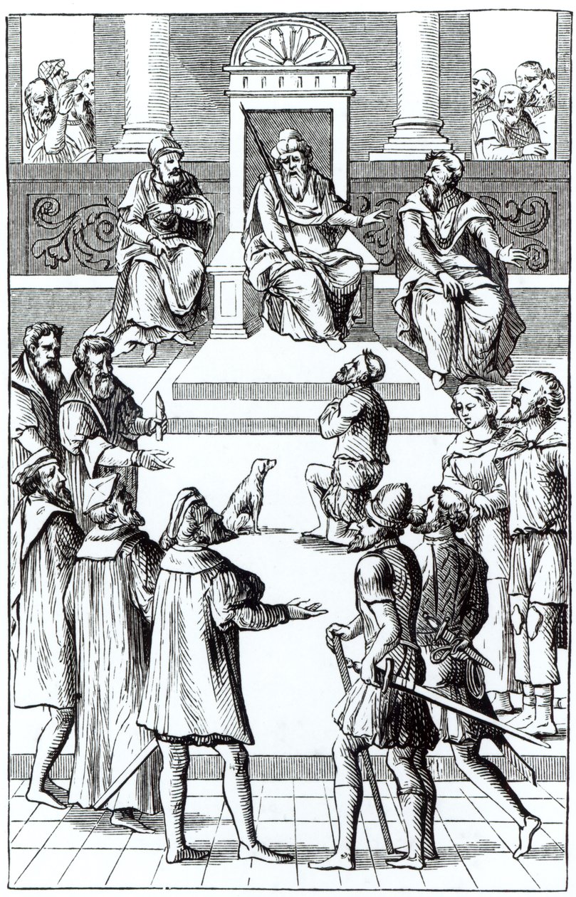Beichte zur Wiedergutmachung vor dem Tribunal, nach einem Holzschnitt in Praxis Rerum Criminalium von Joos de Damhouder (1507-81) veröffentlicht in Antwerpen, 1556 von Dutch School