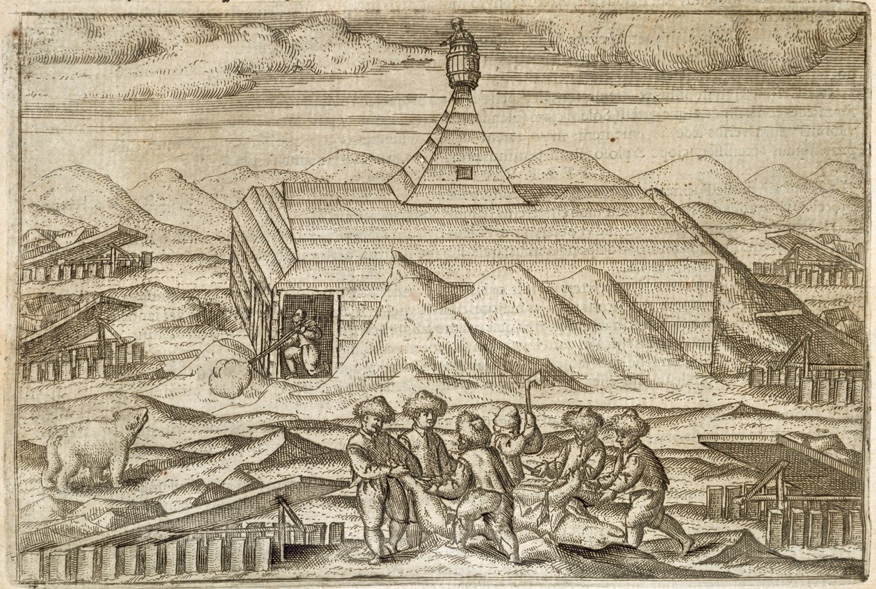 Besatzung tötet und häutet Bären vor der Hütte, in der die Expedition überwinterte, Illustration aus 