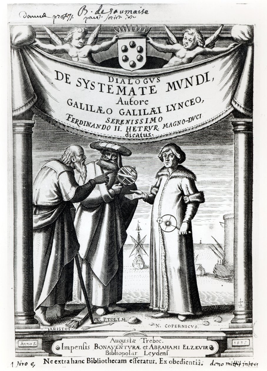 Frontispiz von Dialogus De Systemate Mundi von Galileo (1564-1642), veröffentlicht in Leiden 1635 von Dutch School
