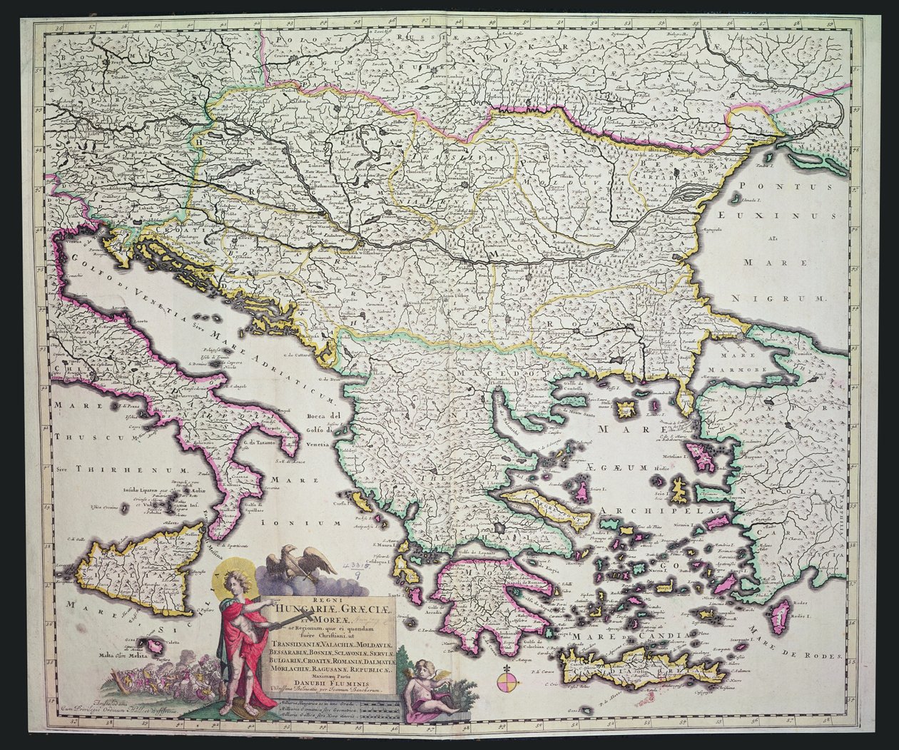 Karte von Griechenland, Ungarn und ihren umliegenden Ländern (handkolorierte Gravur) von Dutch School