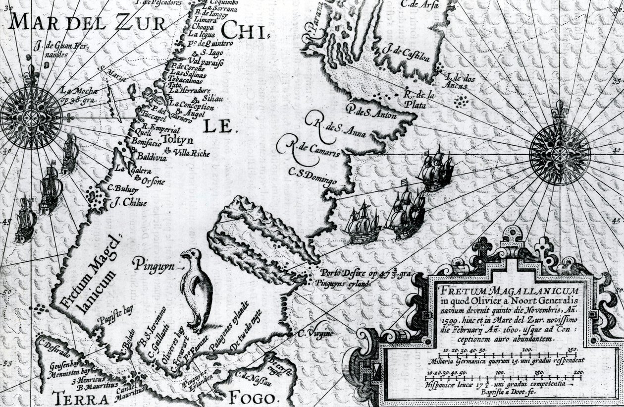 Karte der Magellanstraße, Platte aus Oliver van Noorts Beschreibung seiner Reise, 1602 von Dutch School
