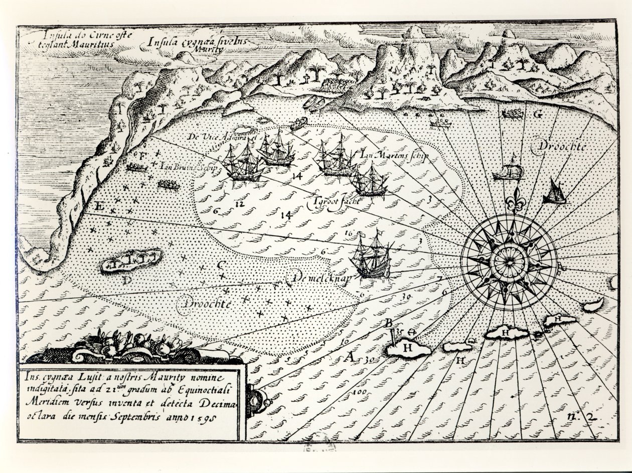 Die Ankunft der Flottille von Vizeadmiral Wybrandt Van Warwijck im Südosthafen von Mauritius im September 1598 von Dutch School