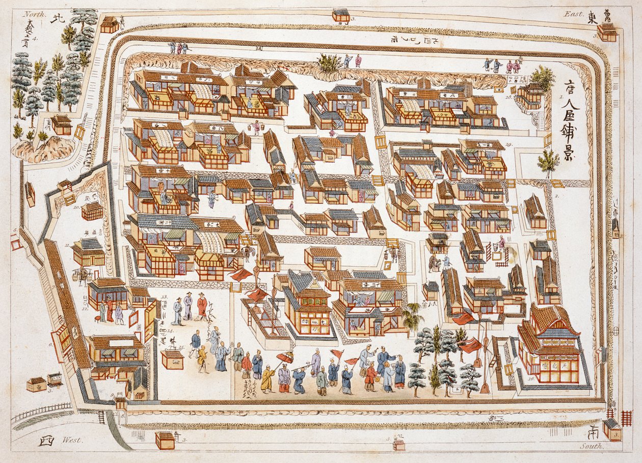 Die chinesische Fabrik in der Straße von Teng-chan in Nagasaki, gegründet 1688, aus Illustrationen von Japan von Isaac Titsingh, veröffentlicht in London, 1822 von Dutch School
